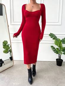 EURMUSE Women'S Square Neck Slim Fit Sweater Dress - Red - View 5