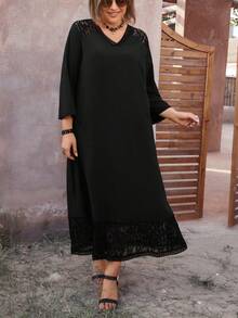 EMERY ROSE Plus Size Women'S Lace Splicing Long Dress - Black - View 5