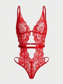 Classic Sexy 露背鏤空蕾絲性感緊身連體衣 - 紅色 - 查看 1