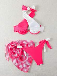 Swim Vcay Của phụ nữ Khối màu Dây Bras & Knotted Bên Tam giác Đáy Bộ Bikini Với Váy Bơi Lễ tình nhân - Nhiều màu - Xem 5