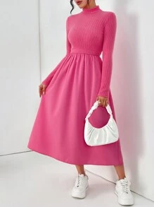 SHEIN Essnce Women's Casual Solid Color Stand Collar Dress - Hot Pink - View 1