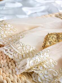 SHEIN 2pcs Newborn Baby Girls' Glitter Bow Decorated Embroidery Mesh Splice Dress With Headband For Photography - Champagne - View 5