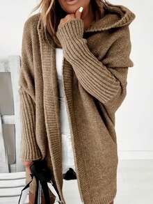 Casual Long Sleeve Hooded Knitted Cardigan, Autumn/Winter - Khaki - View 4