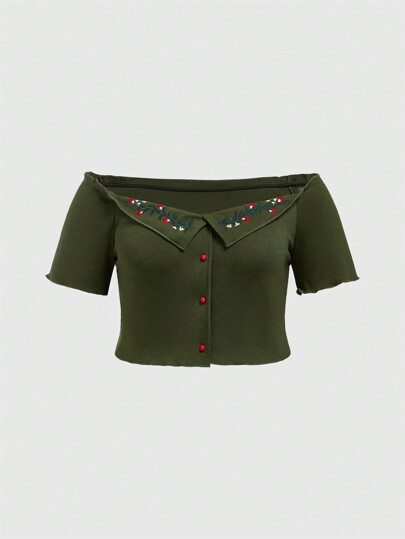 Fairycore Plus Size Casual Vine Embroidered Off-Shoulder Front Button T-Shirt