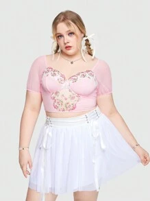 ROMWE Kawaii 大尺碼花卉刺繡透視網眼短袖背心,背部開放 - 粉色 - 查看 3