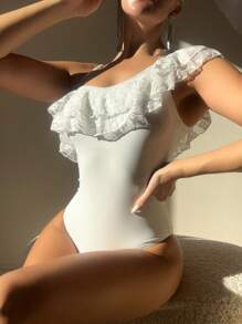 SHEIN Swim Summer Beach Women Asymmetrical Neck Ruffle One-Piece Swimsuit - White - View 1