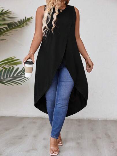 Breezaya Xl-5xl Plus Size Solid Color Wrap Hem Tank Top For Summer