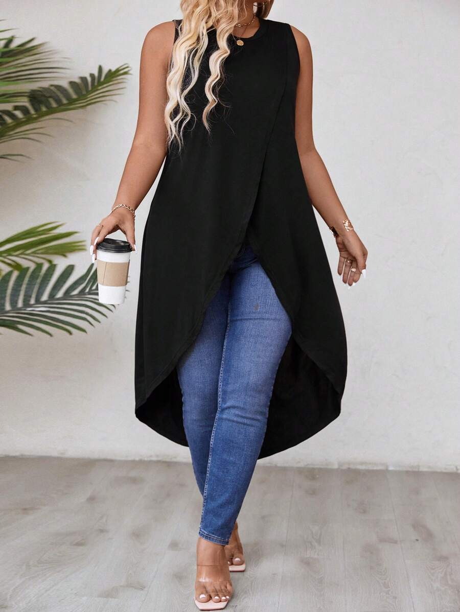 Breezaya Xl-5xl Plus Size Solid Color Wrap Hem Tank Top For Summer - Black - View 1