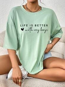 SHEIN EZwear 女性口號印花垂肩袖t恤 - 綠色 - 查看 5