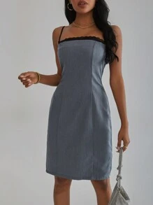 GENKIRA Women's Contrast Color Lace Decorated Spaghetti Strap Dress - Grey - View 5