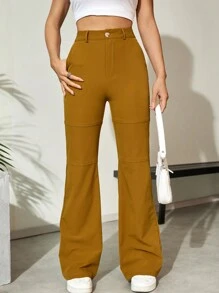 SHEIN Unity Women's Solid Color Flare Pants Fall Cloth For Women - Khaki - View 1