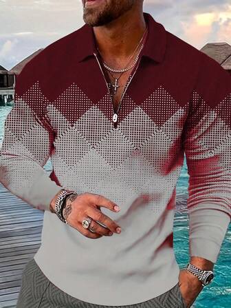 Manfinity Homme Men's Geometric Pattern Long Sleeve Polo Shirt