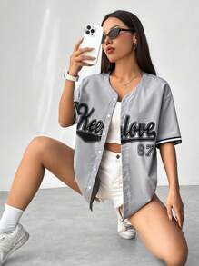 StreetHx Letter Printed Sports Team Shirt - Grey - View 4