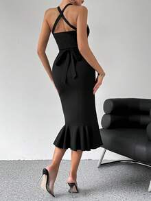 SHEIN Privé 純色無袖不對稱荷葉邊領口連身裙 - 黑色 - 查看 2