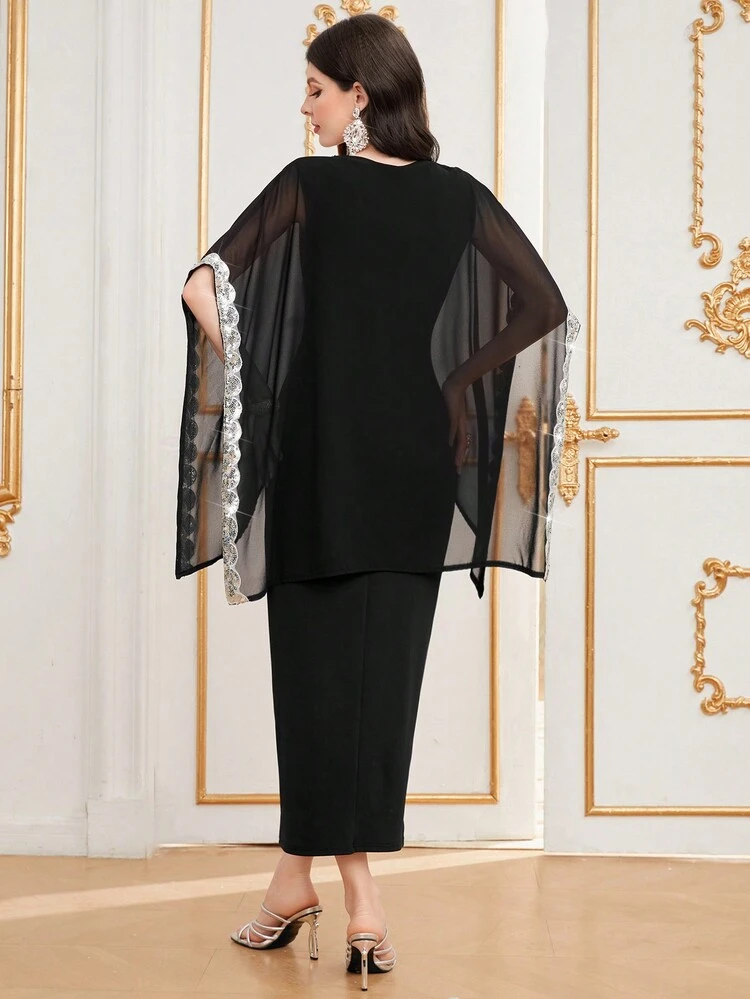 Women's Glitter Inset Cape Dress Long Evening Dresses