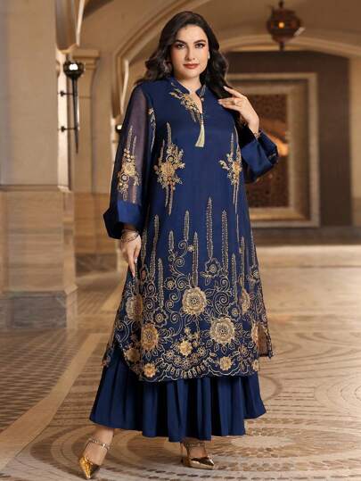 Al Najma 加大码花卉刺绣缺口领口 Jalabiya 端庄长袖连衣裙，卡夫坦