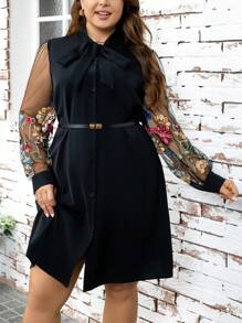 SHEIN Clasi 大碼女士繡花網眼長袖膝裙 - 黑色 - 查看 3