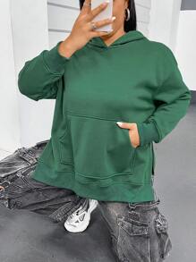 Flirla Plus Size Kangaroo Pocket Drop Shoulder Split Hem Sweatshirt - Dark Green - View 1