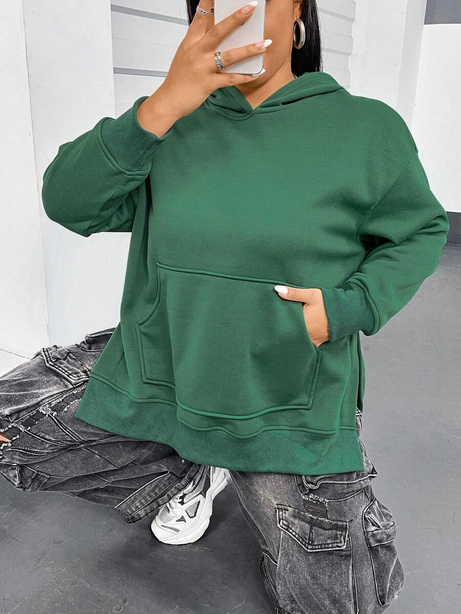 Flirla Plus Size Kangaroo Pocket Drop Shoulder Split Hem Sweatshirt - Dark Green - View 1