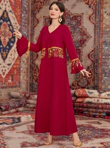 Al Najma Women's Gold Fringe Decorated Arabian Dress