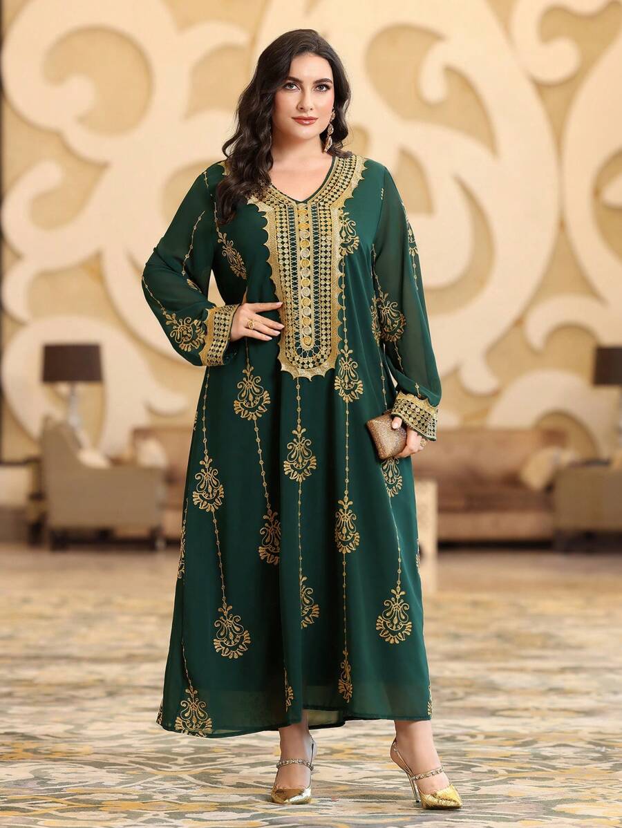 Layrah 大码女士阿拉伯服装,带金箔花卉图案 Kaftan Jalabiya 阿拉伯连衣裙,优雅奢华晚会风格 - 墨綠色 - 查看 1