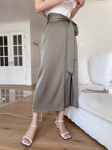 DAZY Women's Satin Skirt With Front Slit Fall Skirts - Green - View 7