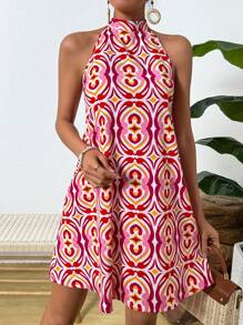 SHEIN LUNE Women's Printed Halter Neck Dress - Red - View 5