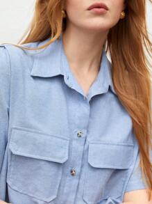 BizChic Women's Solid Color Flip Pocket Shirt - Blue - View 3