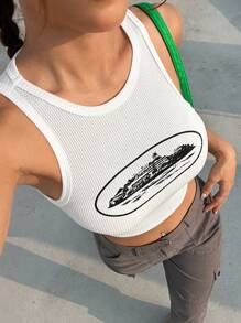 SHEIN EZwear Women's Black And White Printed Crop Top - White - View 1