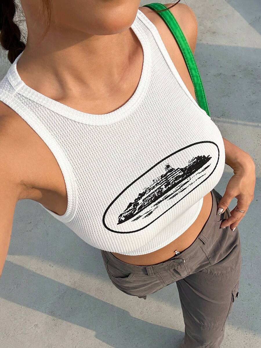 SHEIN EZwear Women's Black And White Printed Crop Top - White - View 1