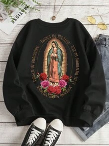 INAWLY 大尺碼女式處女口號印花圓領運動衫 - 黑色 - 查看 1