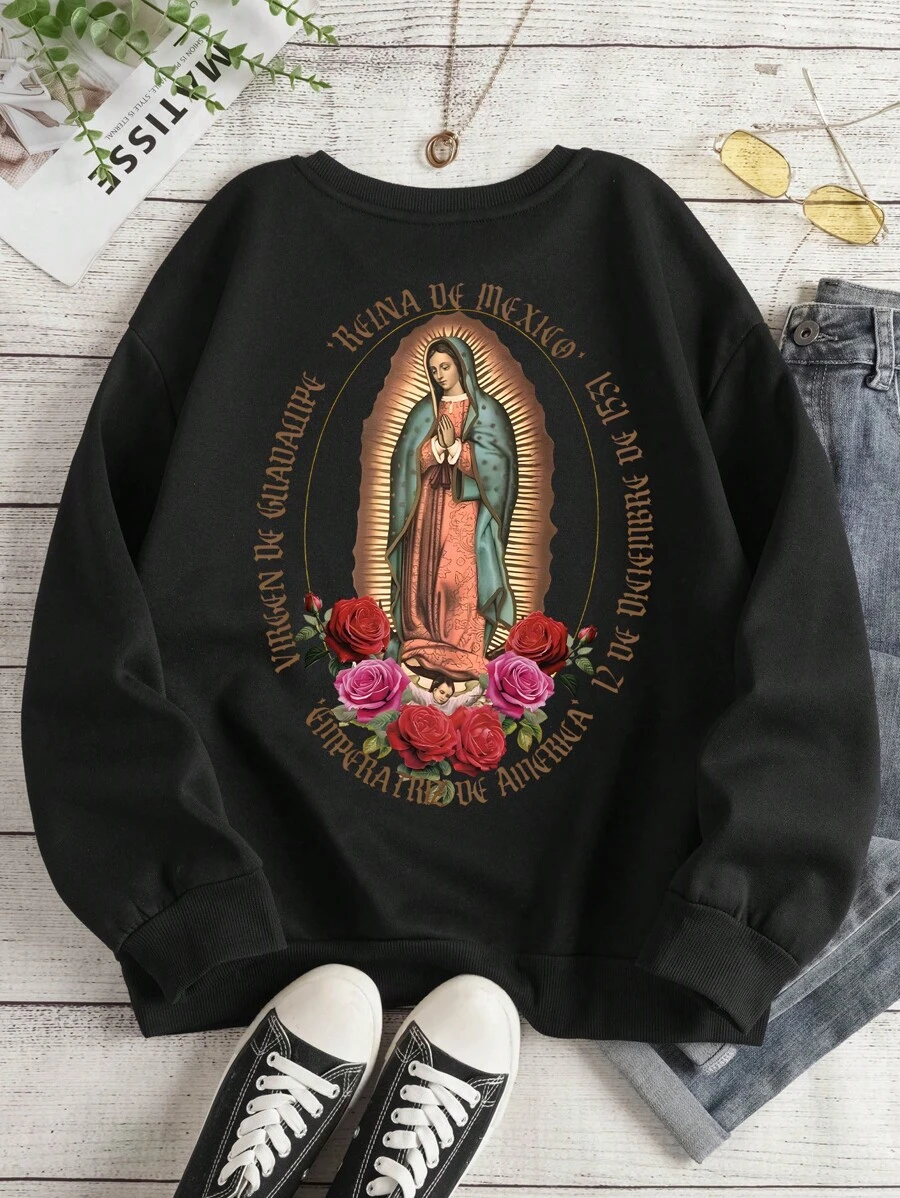 INAWLY 大尺碼女式處女口號印花圓領運動衫 - 黑色 - 查看 1