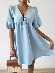 Chiquease 女性前扣短泡袖連衣裙 - 藍色 - 查看 6