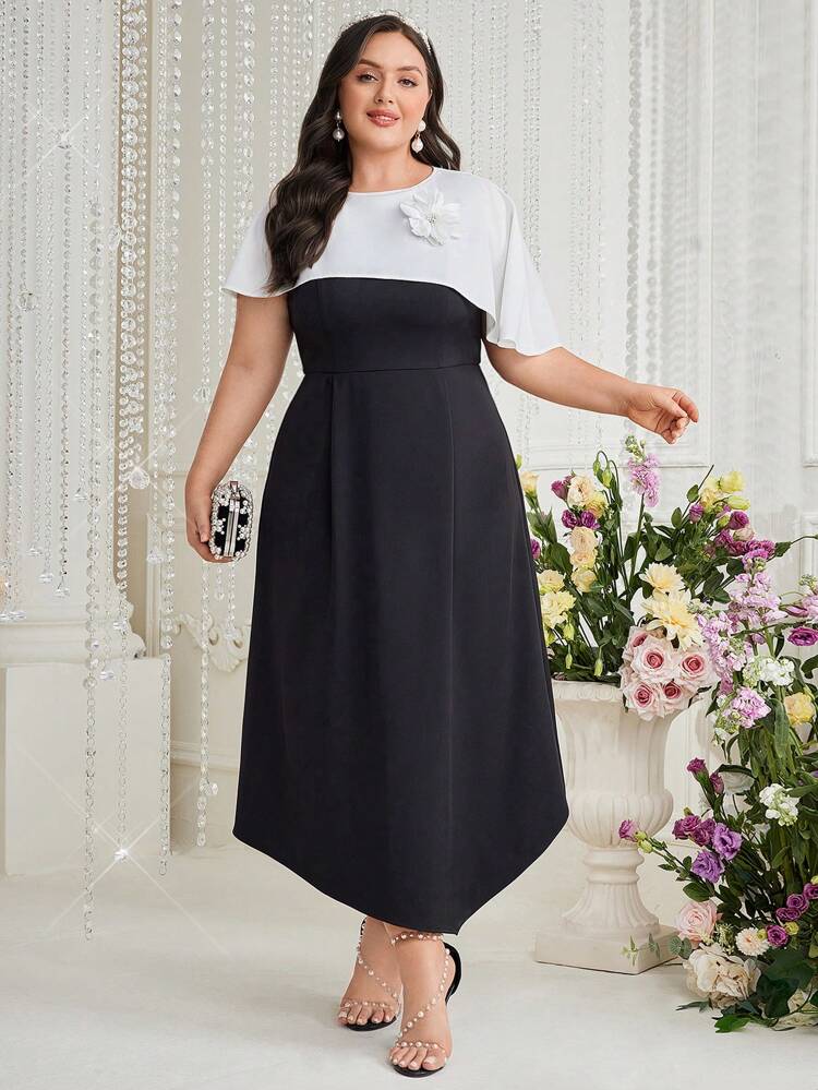 Plus Size Women's Patchwork 3d Flower Decorated Dress Long Evening Dresses