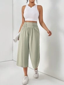 SHEIN Essnce Của phụ nữ Xếp li & Xoắn Dan Thiết kế Màu xanh lá Đàn hồi Cao eo Capri quần - màu xanh lá - Xem 4