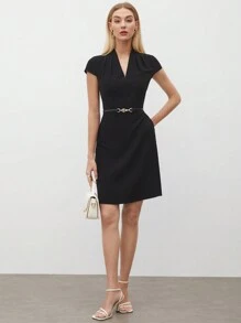 BizChic Ladies' V-Neck Solid Color Dress - Black - View 4