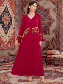 Al Najma Women's Gold Fringe Decorated Arabian Dress