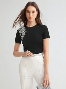 MOTF PREMIUM Camiseta Decorada Con Cuentas De Perlas Para Mujer