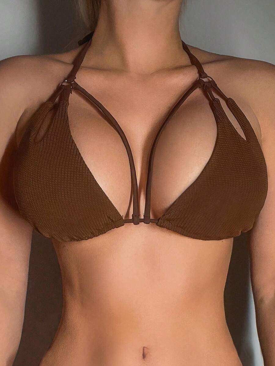 SHEIN Swim 女士性感三角形镂空比基尼上衣夏季 - 咖啡棕 - 查看 1