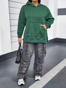 Flirla Plus Size Kangaroo Pocket Drop Shoulder Split Hem Sweatshirt - Dark Green - View 5