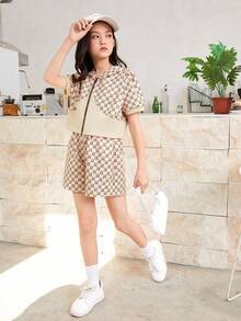SHEIN Cô gái Tween Giải trí áo có mũ Áo len Mở Và Bộ quần short - Cà phê nâu - Xem 3