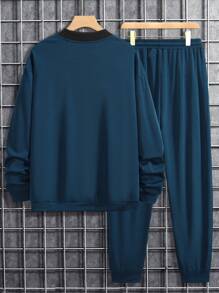 Manfinity Homme Lỏng lẻo Nam Viền tương phản Áo khoác bomber Và Quần Giải trí Bộ - Màu xanh hải quân - Xem 2