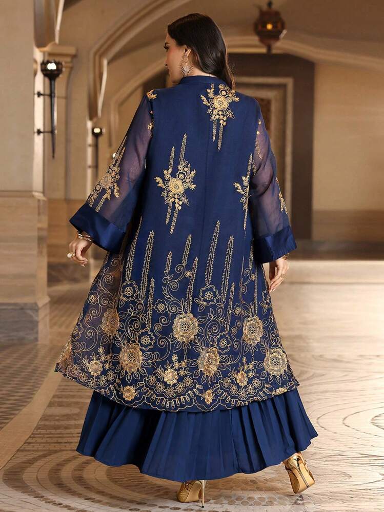 Al Najma Plus Size Floral Embroidered Notched Neckline Jalabiya Modest Long Sleeve Dress, Kaftan - Navy Blue - View 2