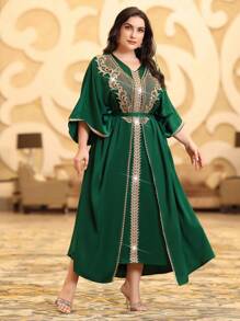 Al Najma Váy Kaftan Jalabiya rộng rãi cổ chữ V dệt thắt lưng cho nữ, phong cách tiệc tối sang trọng thanh lịch - Màu xanh lá cây đậm - Xem 4