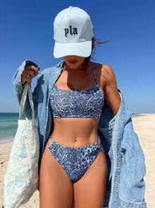 SHEIN Swim Bộ bikini buộc dây họa tiết da báo mùa hè Carnival - Nhiều màu - Xem 3
