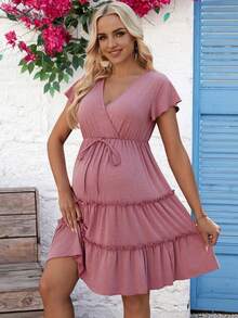 SHEIN Vestido De Maternidad Plisado Con Borde Fruncido Y Borde Con Volantes - Rosa - Ver 4
