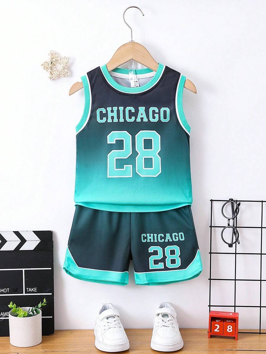 SHEIN Young Boy Basketball Style 2pcs/Set Printed Tank Top And Shorts Set, School, Campus, College - Mint Green - View 1