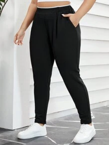 SHEIN Essnce Plus Size High-Waist Slanted Pocket Pants - Black - View 1
