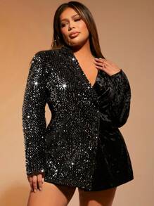 SHEIN SXY Plus Size Women's Glitter Patchwork Party Suit Set - Black - View 1
