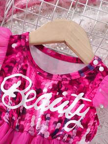 Baby Girls' Sparkle Printed Mesh Splicing Short Sleeve Bodysuit With Ruffles - Hot Pink - View 3